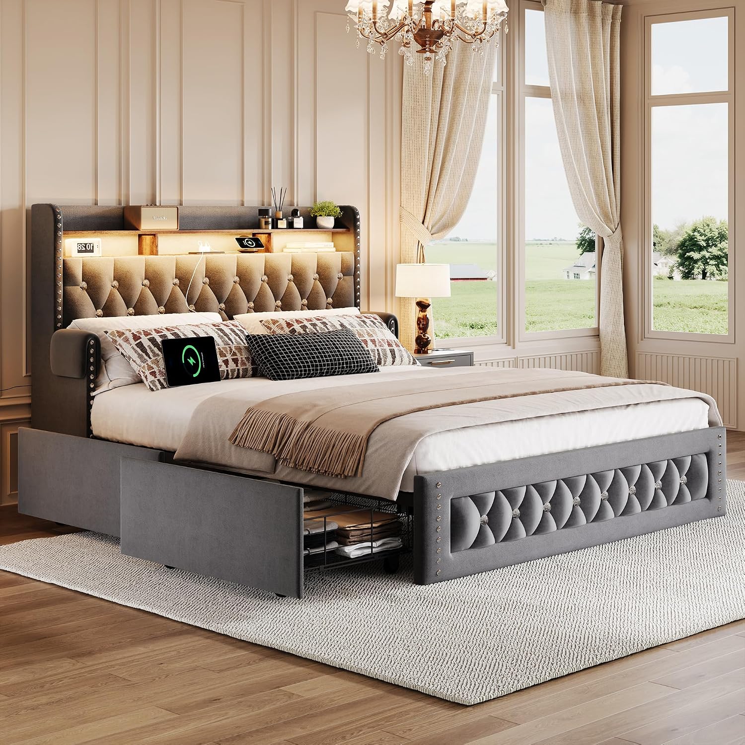 Ailisite Full Size Bed Frame with 4 Storage Drawers and RGB Led Lights,Velvet Upholstered Full Platform Bed with Charging Station and Bookcase Storage Headboard, with Crystal and Rivet Deco, Grey