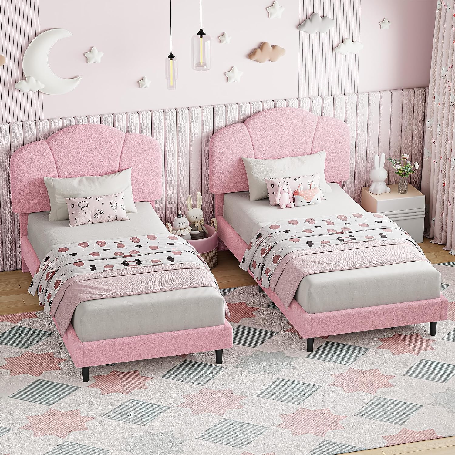 LIKIMIO Twin Size Bed Frame, Upholstered Twin Platform Bed with Headboard Lamb Velvet Twin Beds, No Box Spring Needed with 800LBS Sturdy Wooden Slats Support, Noise Free, Easy Assembly, Pink