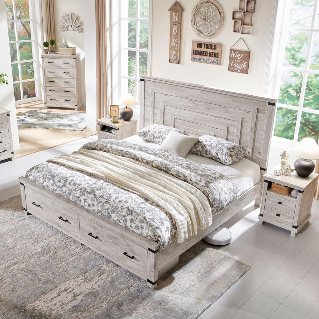 T4TREAM Farmhouse Queen Size Bed Frame with 54' Tall Geometric Headboard & 2 Large Storage Drawers, Rustic Wood Platform Bed with Wood Slats Support, No Box Spring Needed, Antique Brushed White