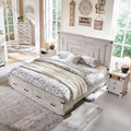 T4TREAM Farmhouse Queen Size Bed Frame with 54' Tall Geometric Headboard & 2 Large Storage Drawers, Rustic Wood Platform Bed with Wood Slats Support, No Box Spring Needed, Antique Brushed White