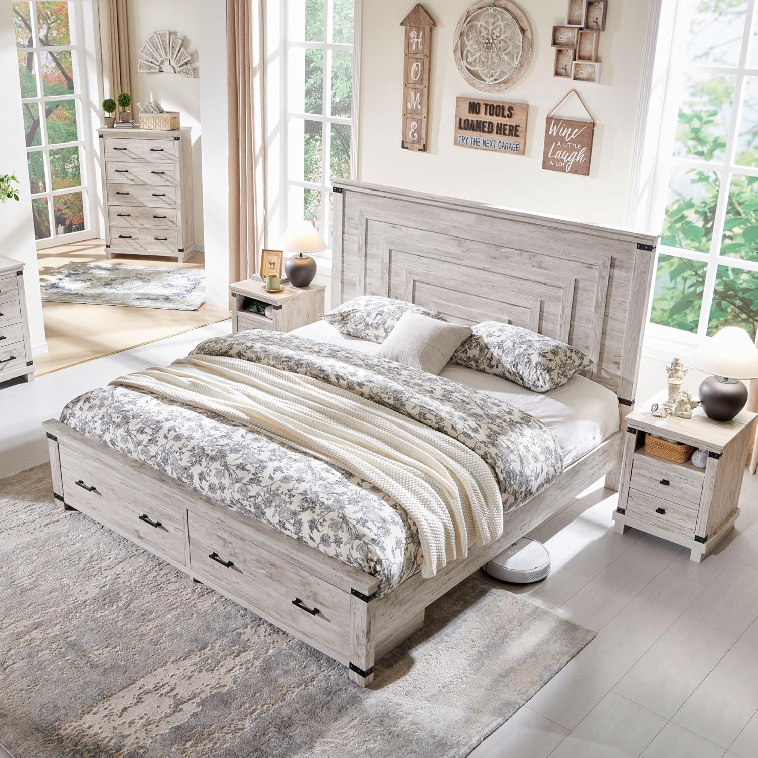 T4TREAM Farmhouse Queen Size Bed Frame with 54' Tall Geometric Headboard & 2 Large Storage Drawers, Rustic Wood Platform Bed with Wood Slats Support, No Box Spring Needed, Antique Brushed White
