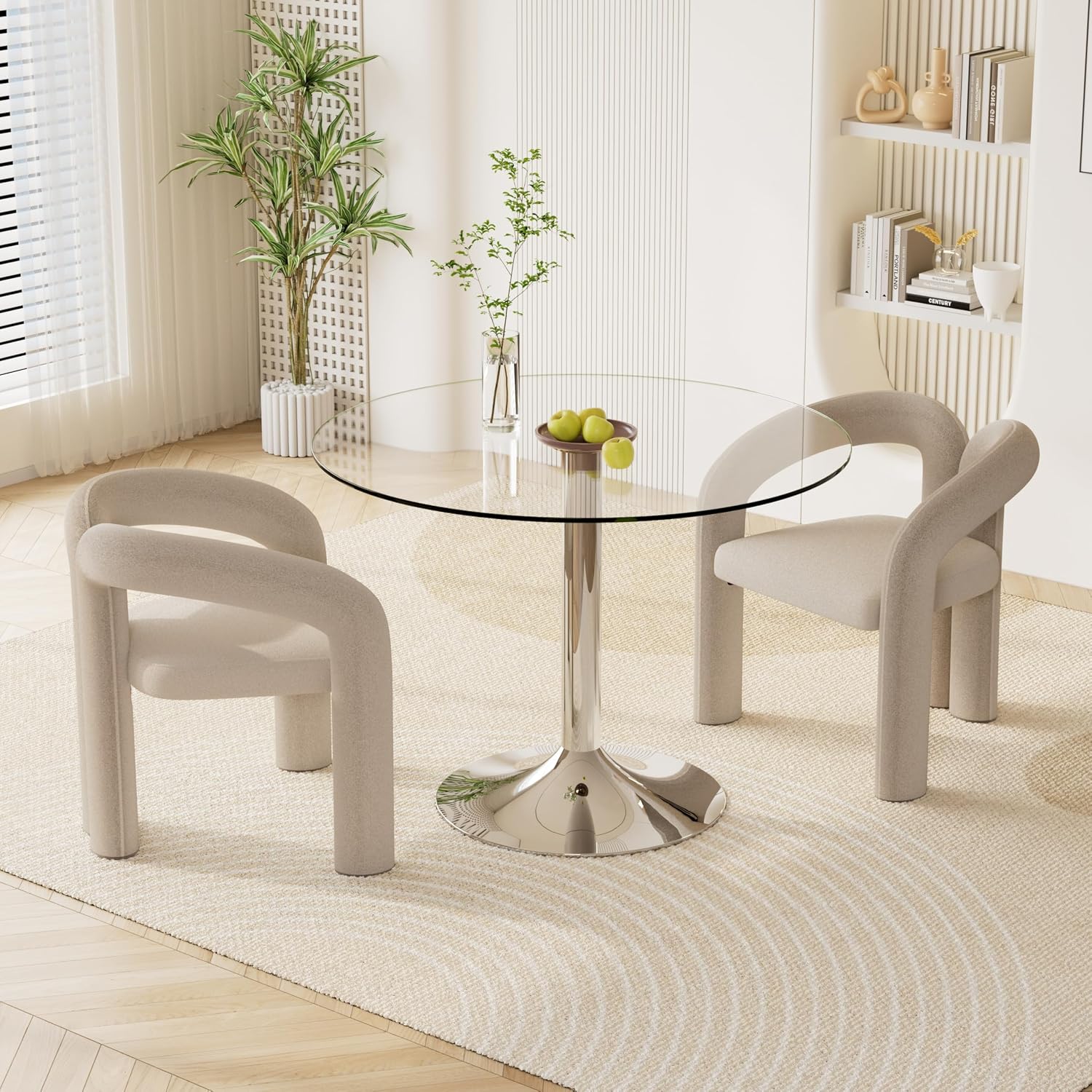 Round Glass Dining Set for 2, 3 Pieces Modern Luxury Circle Dinner Room Set, 35'' Small Minimalist Tulip Circular Kitchen Table Set, Beige Barrel Dining Chair, for Bedroom Apartment (Silver)