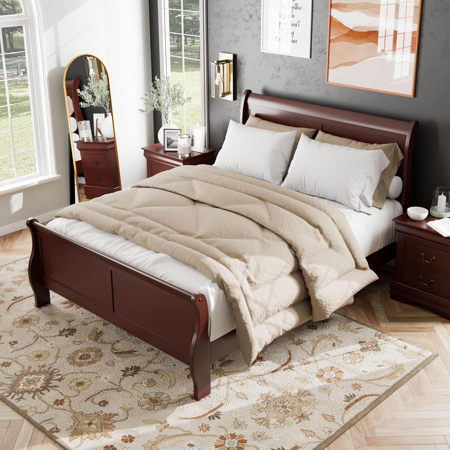Furniture of America Louis Philippe Traditional Wood Bed Frame with Headboard and Footboard, Elegant Sleigh Design Bedframe for Bedroom, Guest Room, Easy Assembly, Box Spring Required, Full, Cherry