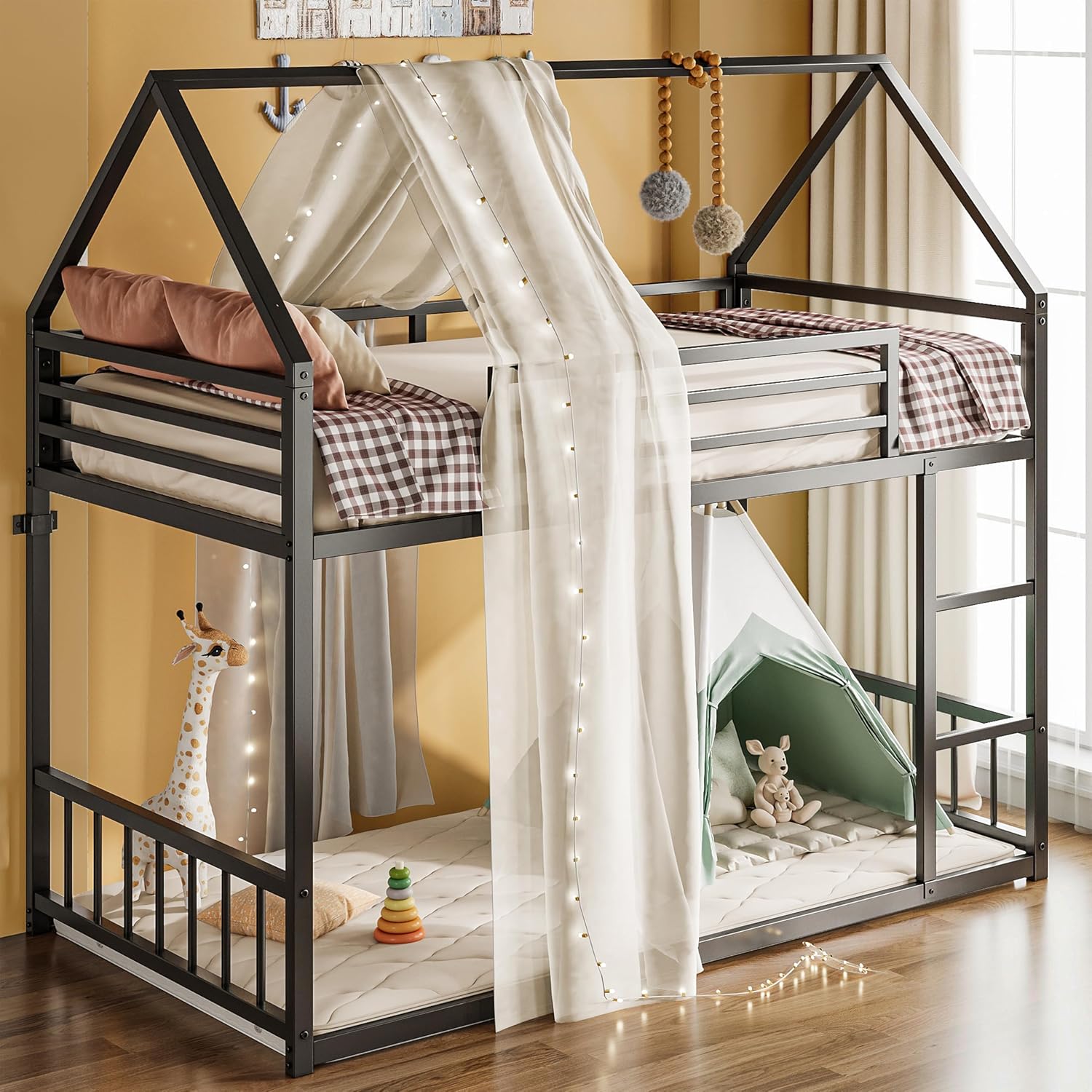 LIKIMIO Bunk Bed Twin Over Twin, House Bunk Bed Frame with Ladder and Guardrail, House Shaped with Metal Slats for Dormitory and Bedroom, Space Saving, No Box Spring Needed, Black