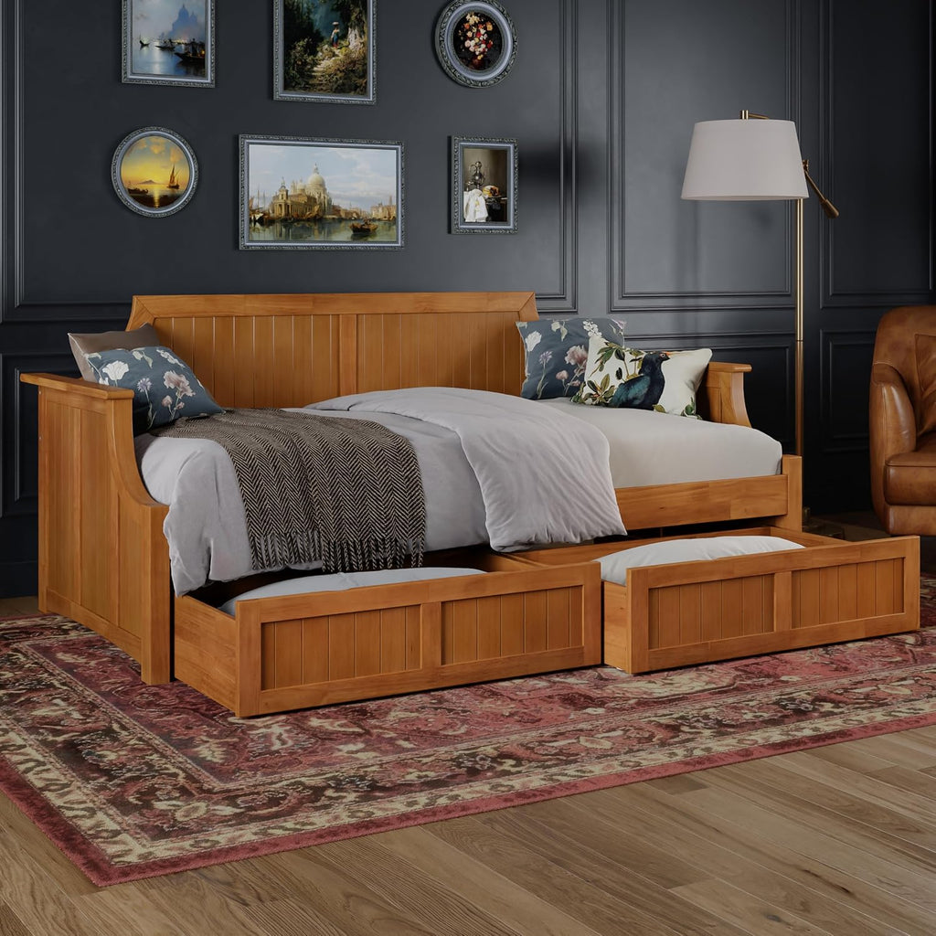 AFI, Cambridge Twin Size Wood Daybed Frame with 2 Storage Drawers, Light Toffee