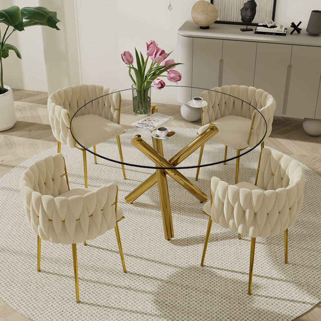 Modern Luxury Round Glass Dining Table Set, 5 PCS Minimalist Circle Dining Room Table Set for 4, 47'' Clear Circular Kitchen Table and Chairs Set of 4, Beige Woven Chair, for Home (Golden)
