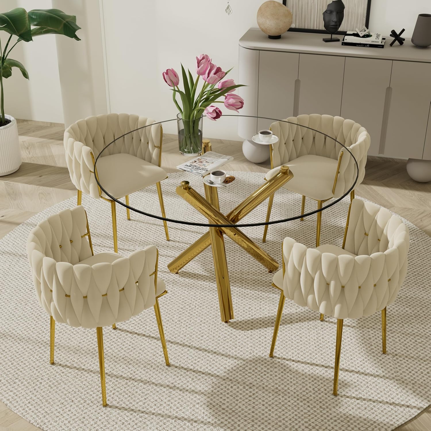 Modern Luxury Round Glass Dining Table Set, 5 PCS Minimalist Circle Dining Room Table Set for 4, 47'' Clear Circular Kitchen Table and Chairs Set of 4, Beige Woven Chair, for Home (Golden)