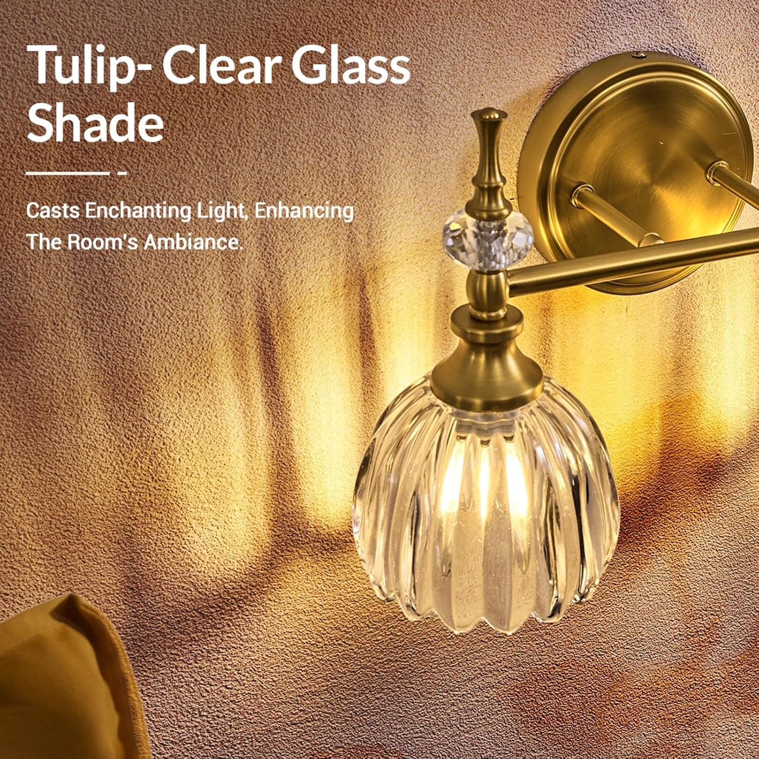 ANDY STAR Transitional 2-Light Bathroom Vanity Light, Brushed Gold Wall Sconce, Tulip Ribbed Glass with Crystal Accent, Reversible Mounting