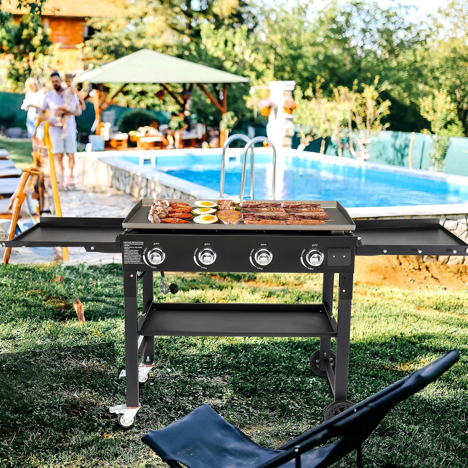 Foldable Flat Top Grill, Portable Outdoor Propane Griddle with 2 Foldable Shelves, 30000/45000/60000 BTU Gas Grill Griddle Cooking Station for BBQ & Outdoor Cooking, Black(4 Burner)