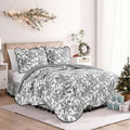 Wonderful 100% Cotton Black Floral Quilt Set King Size Bedding Sets with Pillow Shams and Bed Skirt, 4 Pieces Floral Bedspread Coverlet Set, Quilted Blanket Bed Cover for All Season, 104'x90'