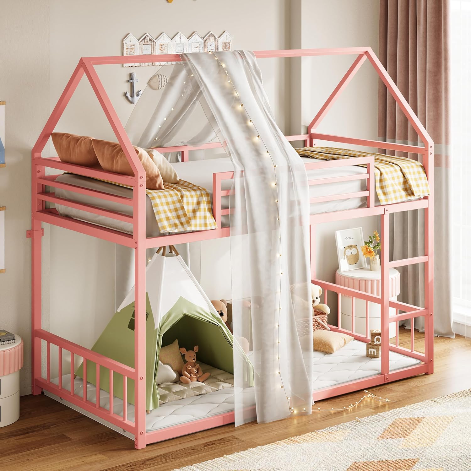 LIKIMIO Bunk Bed Twin Over Twin, House Bunk Bed Frame with Ladder and Guardrail, House Shaped with Metal Slats for Dormitory and Bedroom, Space Saving, No Box Spring Needed, Pink