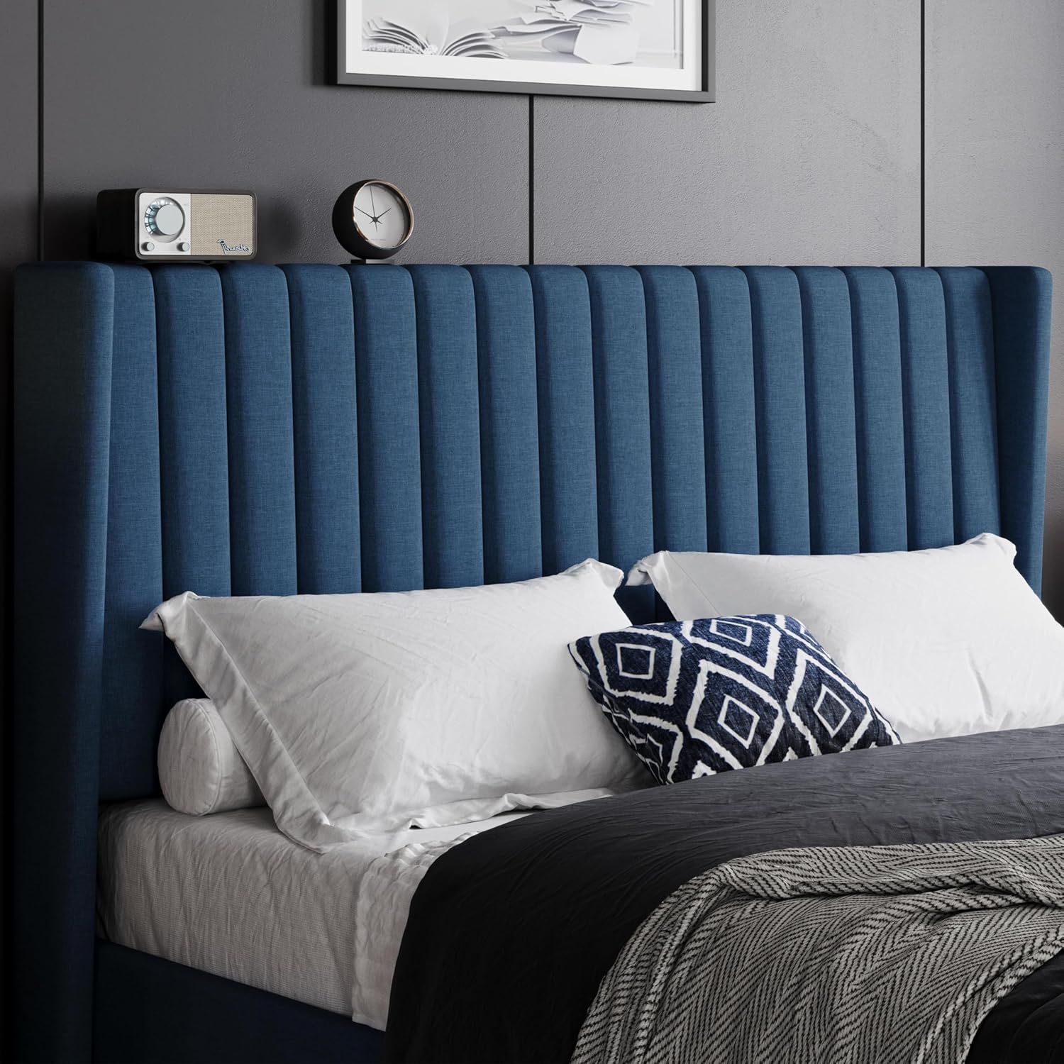 Yaheetech Queen Bed Frame Upholstered Platform Bed with Fabric Headboard, Wing Edge Design/Non-Slip and Noise-Free/Wooden Slats Support/No Box Spring Needed/Easy Assembly, Navy Blue Queen Bed