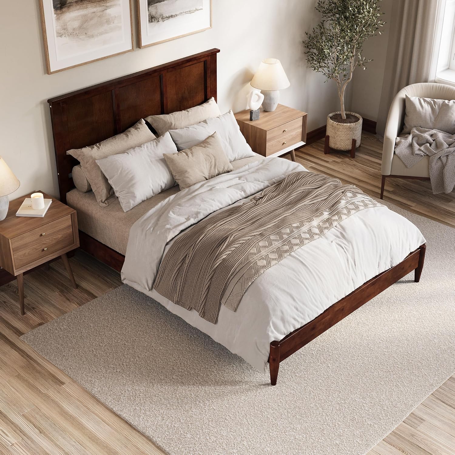 AFI, Charlotte Queen Solid Wood Low Profile Platform Bed, Walnut