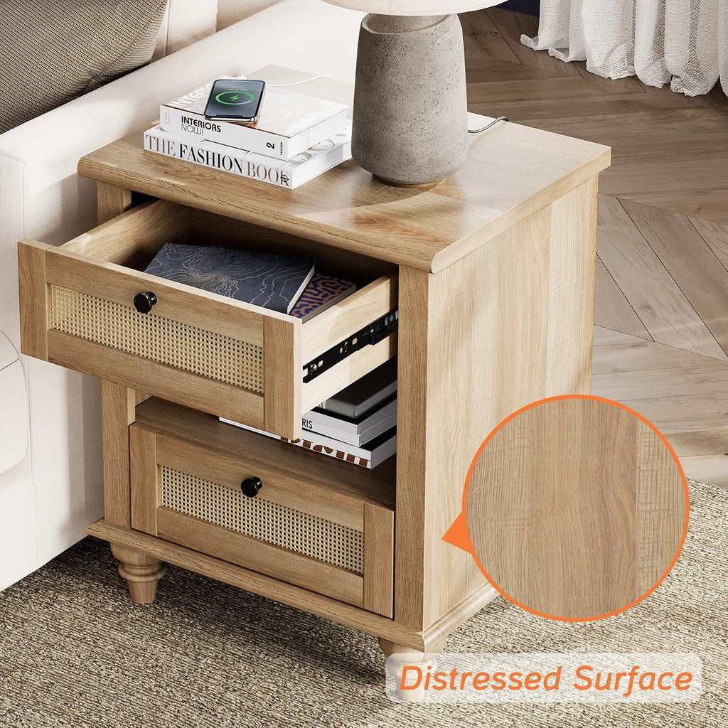 WAMPAT 3 Piece Bedroom Set - Includes Bedroom 8 Drawer Dresser, Set of 2 Bedside Tables with Charging Station & Rattan Drawer, 3 Piece Dresser and Nightstand Sets, Oak