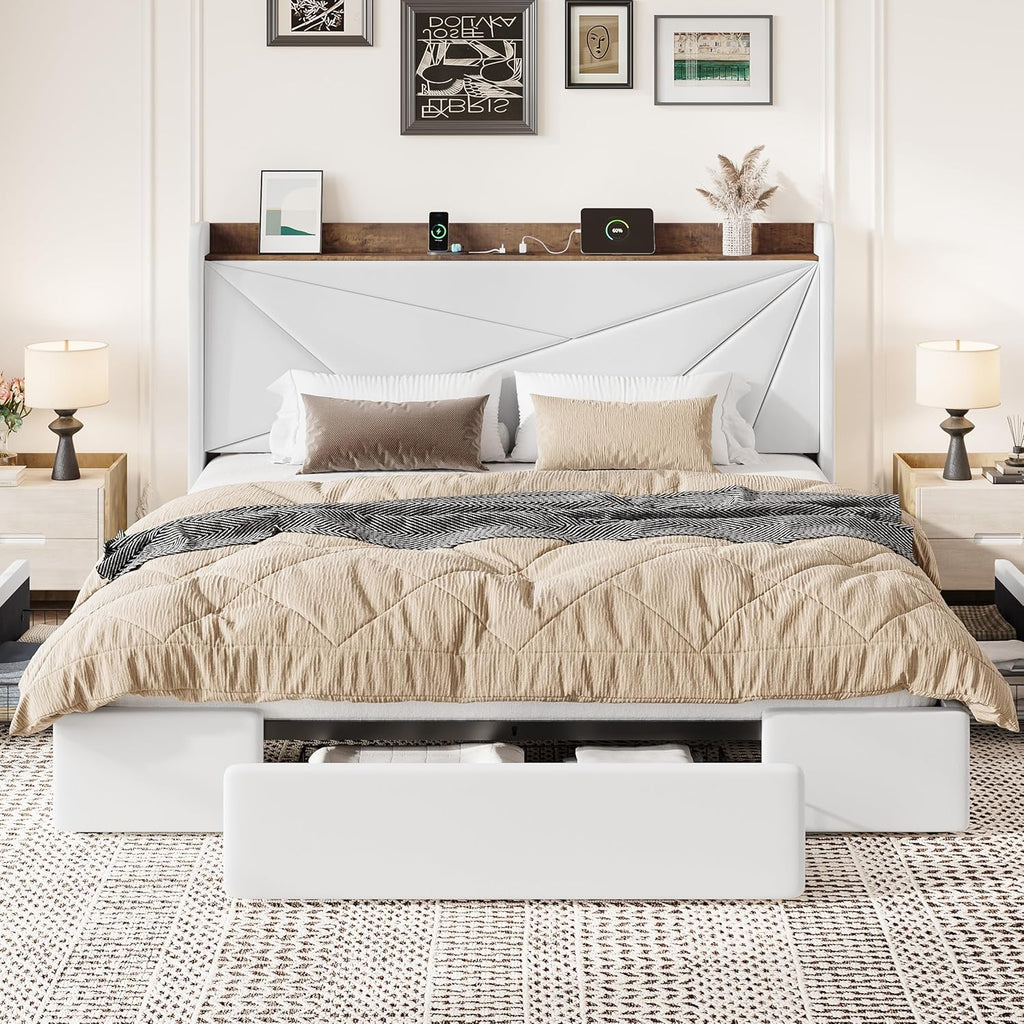 SHA CERLIN King Size Bed Frame with 3 Drawers, USB & Type-C Charging Ports, Velvet Upholstered Platform Bed with Modern Geometric Wingback Storage Headboard, No Box Spring Needed, Easy Assembly, White