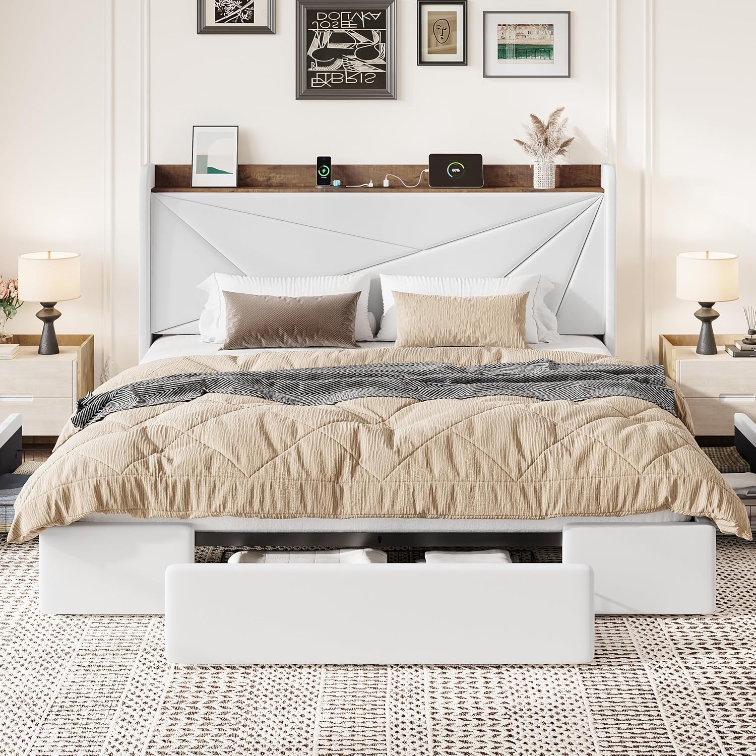 SHA CERLIN King Size Bed Frame with 3 Drawers, USB & Type-C Charging Ports, Velvet Upholstered Platform Bed with Modern Geometric Wingback Storage Headboard, No Box Spring Needed, Easy Assembly, White