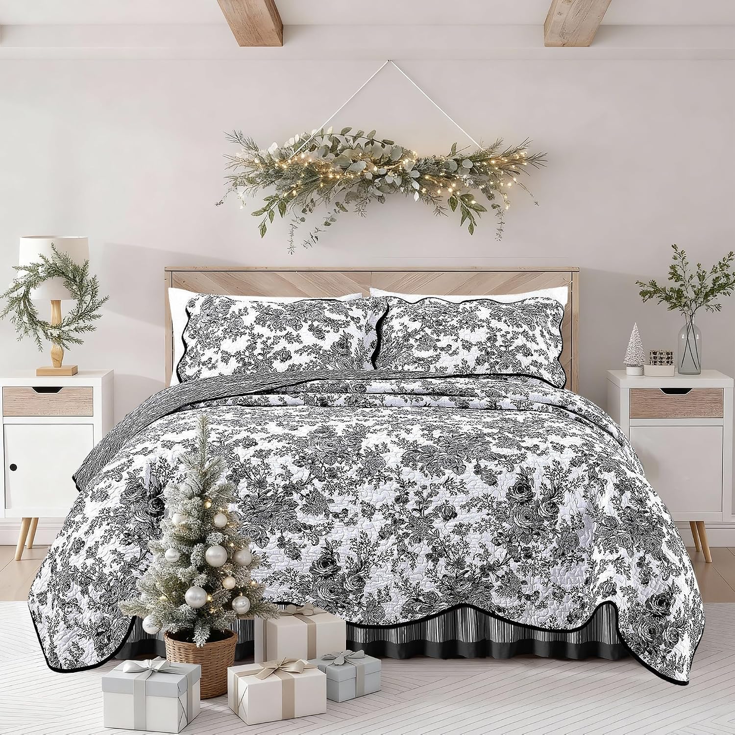 Wonderful 100% Cotton Black Floral Quilt Set King Size Bedding Sets with Pillow Shams and Bed Skirt, 4 Pieces Floral Bedspread Coverlet Set, Quilted Blanket Bed Cover for All Season, 104'x90'