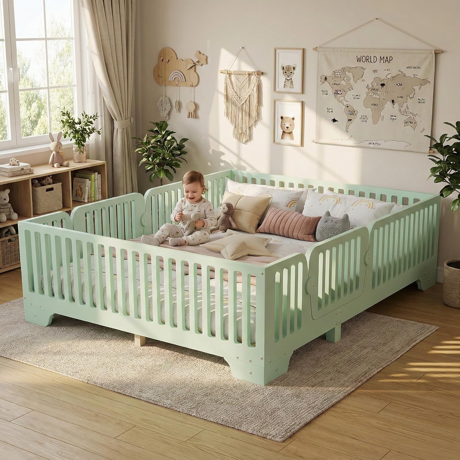 Montessori Full Floor Bed with High Rails and Removable Doors, Wood Low Profile Kids Full Size Bed Frame for Girls Boys, Safe Montessori Crib Floor Bed with Slats ,No Box Spring Needed, Green