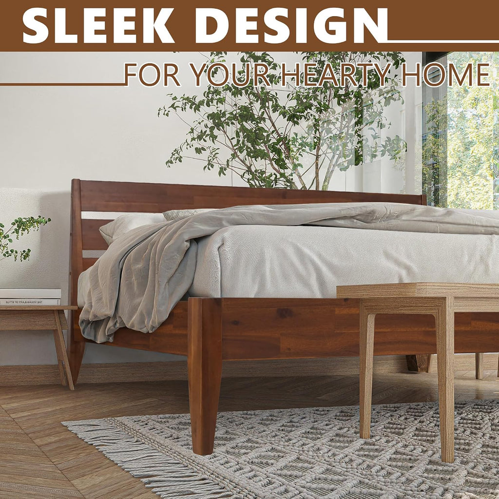 Acacia Emery Bed Frame with Headboard Solid Wood Platform Bed, Queen Size Bed Frame, Mid - Century Modern Wood Bed Compatible with All Mattresses, Easy Assembly, Non-Slip, Chocolate.