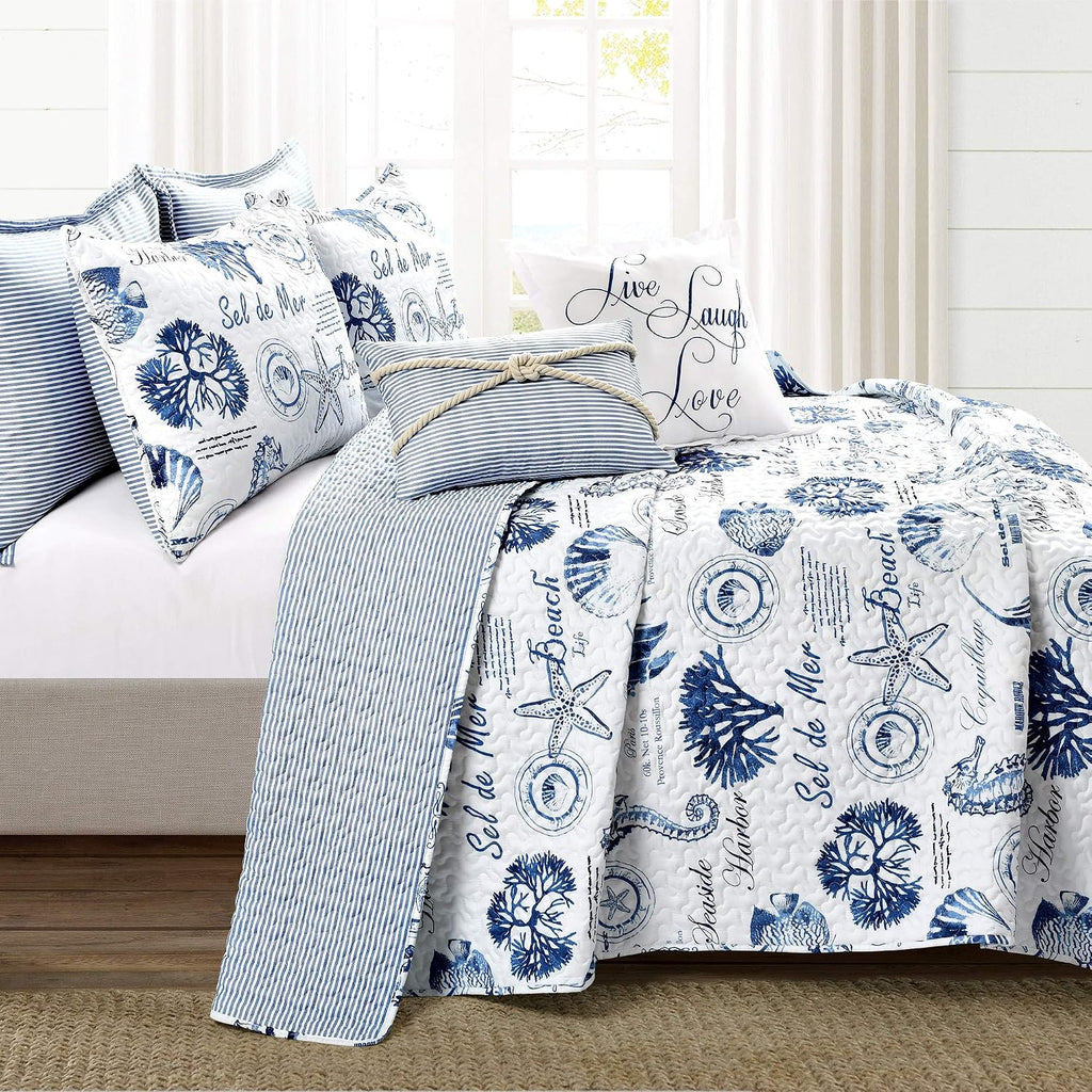 Lush Decor Harbor Life Reversible Quilt Set, 7 Piece Set, Full/ Queen, Indigo - Blue Quilt Queen Bedding Set - Coastal Decor - Nautical Bedding - Beach House