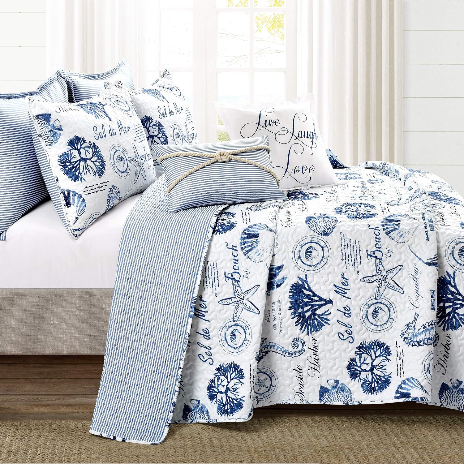 Lush Decor Harbor Life Reversible Quilt Set, 7 Piece Set, Full/ Queen, Indigo - Blue Quilt Queen Bedding Set - Coastal Decor - Nautical Bedding - Beach House