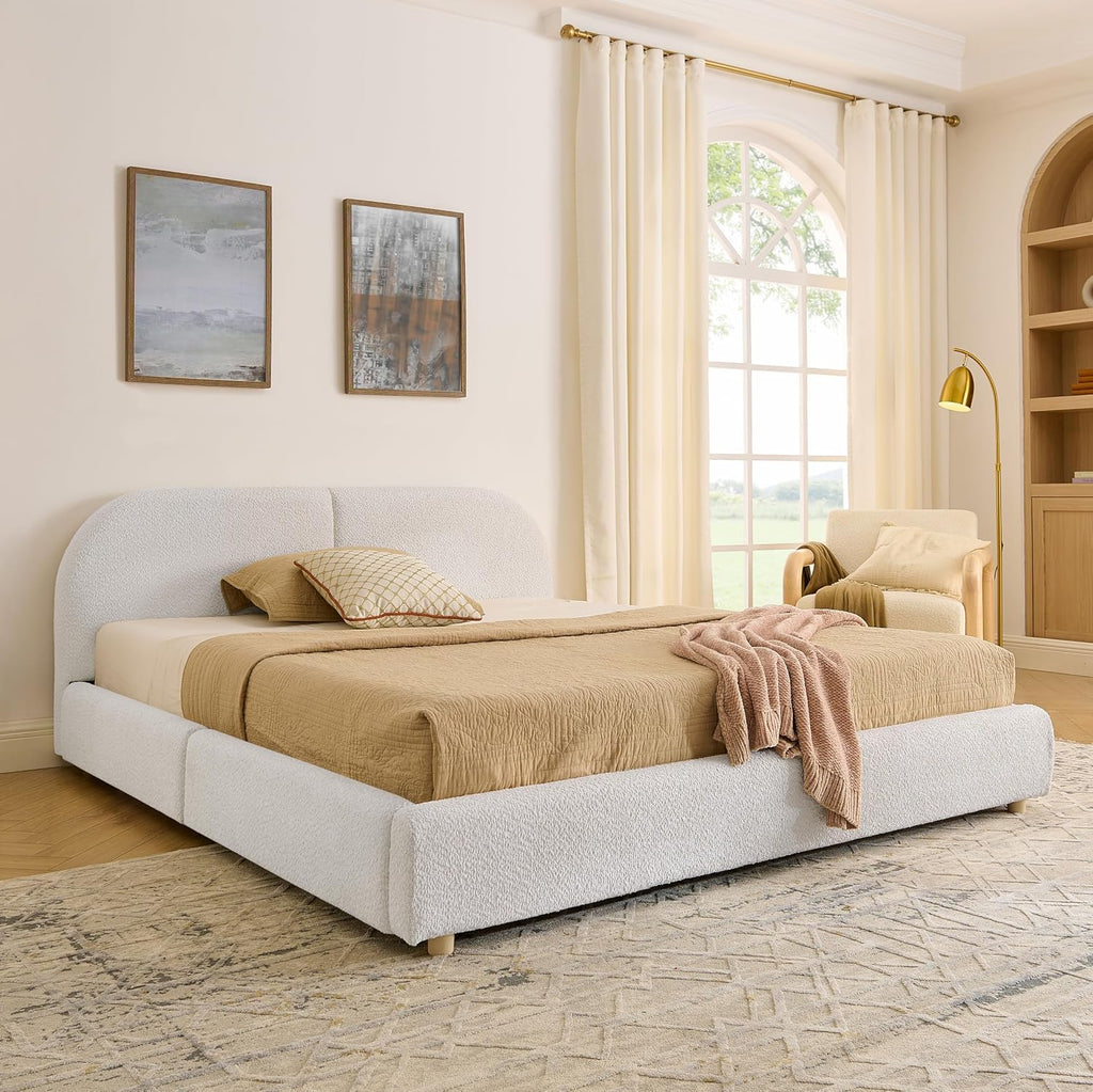 Queen Size Floor Bed Frame with 4 Wheeled Storage Drawer and Tall Curved Headboard, Modern Minimalist Style Upholstered Platform Bed Frame, Wooden Slats Support, Easy Assembly, Beige