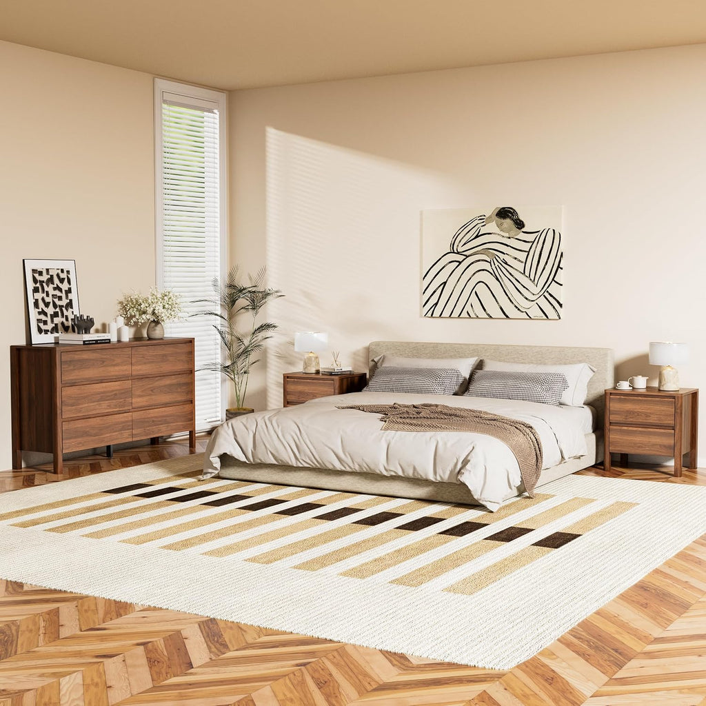 Furniway Walnut Mid-Century Modern 3 Piece Bedroom Furniture Set, 6 Drawer Dresser with Handleless Wood Grain Design and Nightstands Set of 2, Minimalist Storage Dresser for Bedroom