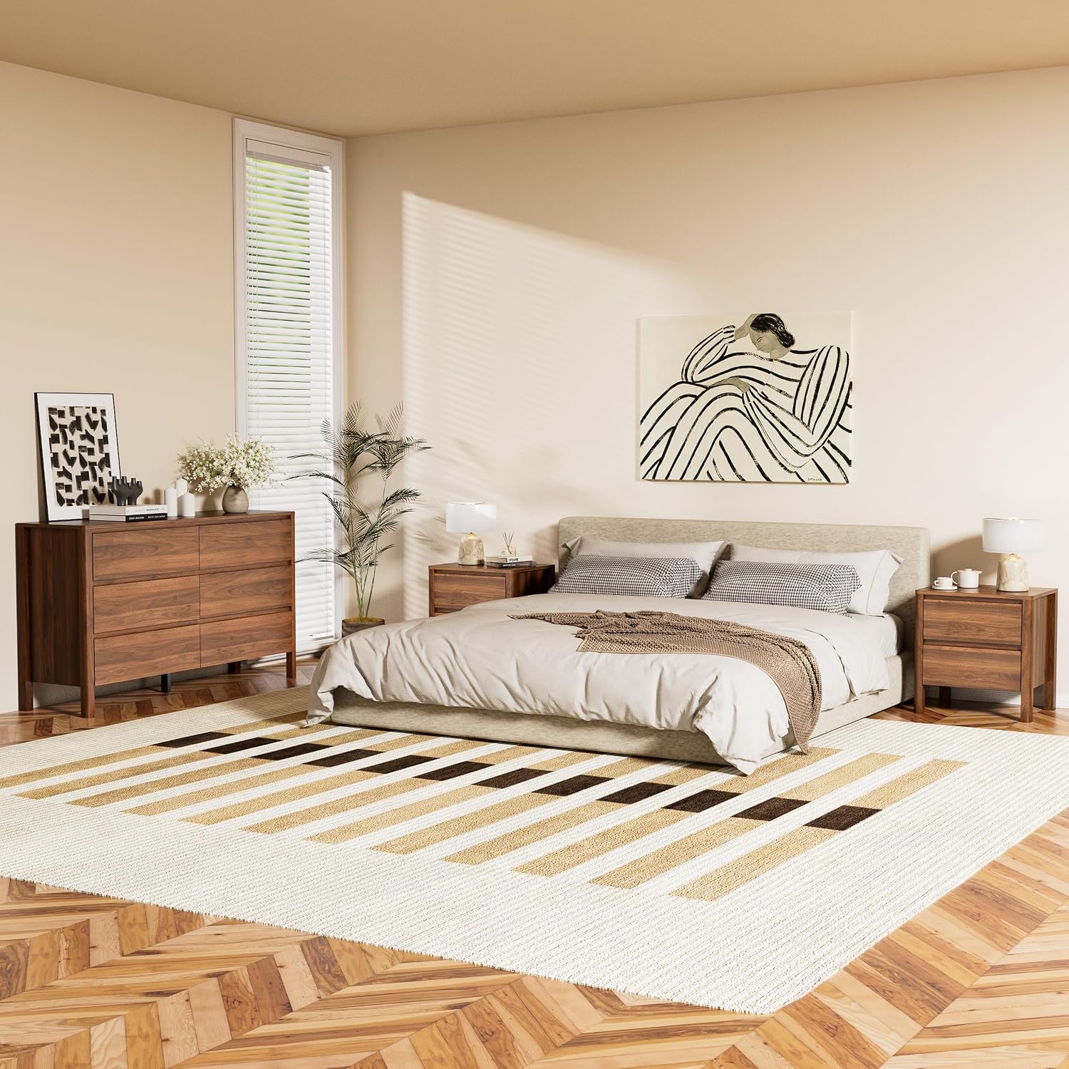 Furniway Walnut Mid-Century Modern 3 Piece Bedroom Furniture Set, 6 Drawer Dresser with Handleless Wood Grain Design and Nightstands Set of 2, Minimalist Storage Dresser for Bedroom