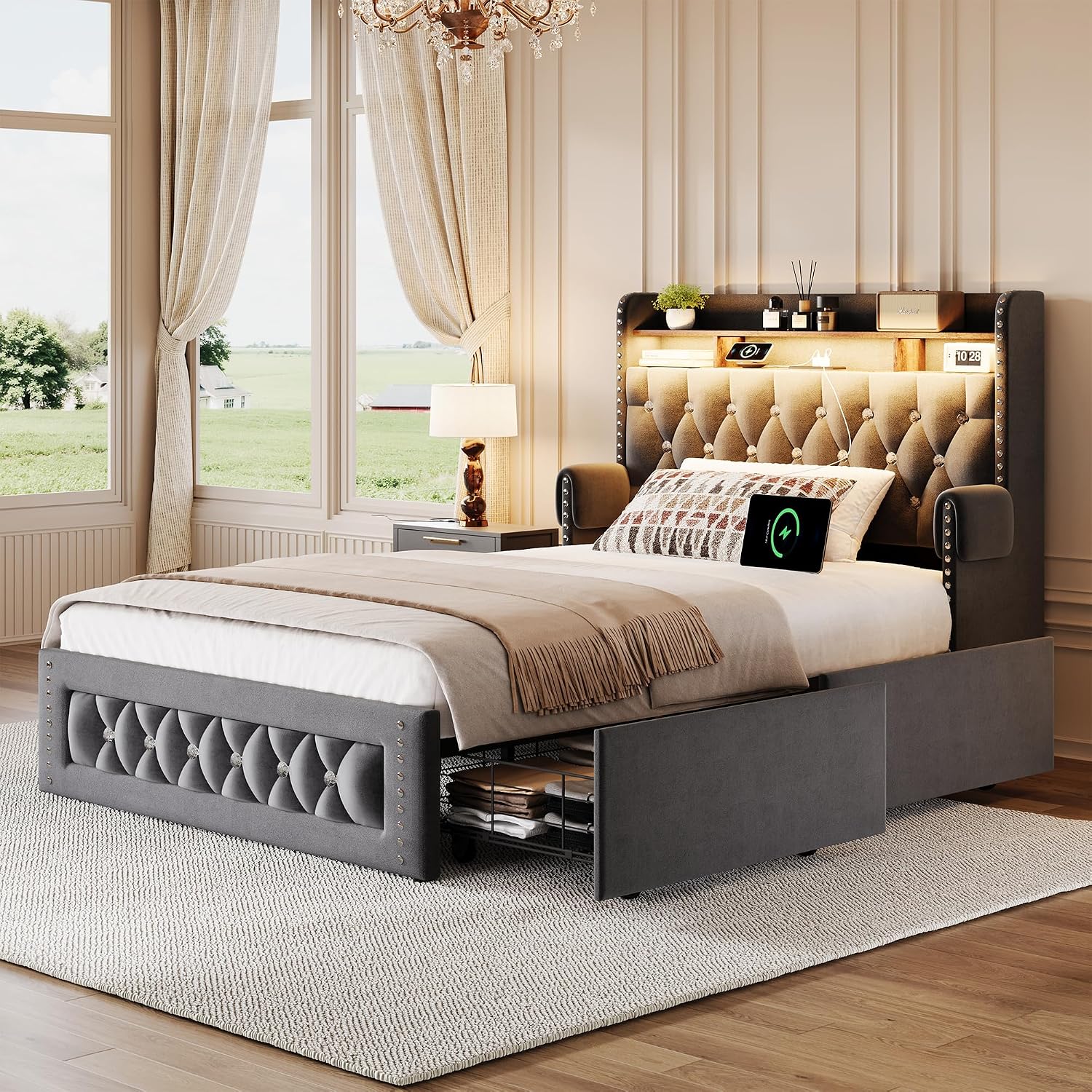 Ailisite Twin Size Bed Frame with 4 Storage Drawers and RGB Led Lights,Velvet Upholstered Platform Bed with Charging Station and Bookcase Storage Headboard, with Crystal and Rivet Deco, Grey