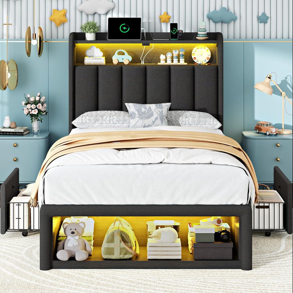 ChicZhiNest Twin Bed Frame with 2 Storage Drawers, LED Headboard with Charging Station, Upholstered Bed for Kids Boy with Wooden Slats & Footboard Cubbies, No Box Spring Needed, Black