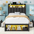 ChicZhiNest Twin Bed Frame with 2 Storage Drawers, LED Headboard with Charging Station, Upholstered Bed for Kids Boy with Wooden Slats & Footboard Cubbies, No Box Spring Needed, Black