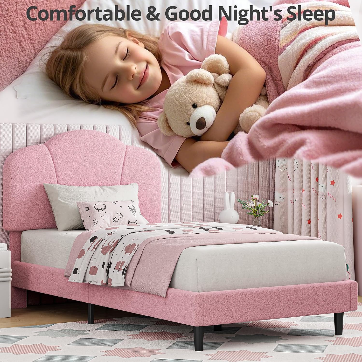 LIKIMIO Twin Size Bed Frame, Upholstered Twin Platform Bed with Headboard Lamb Velvet Twin Beds, No Box Spring Needed with 800LBS Sturdy Wooden Slats Support, Noise Free, Easy Assembly, Pink