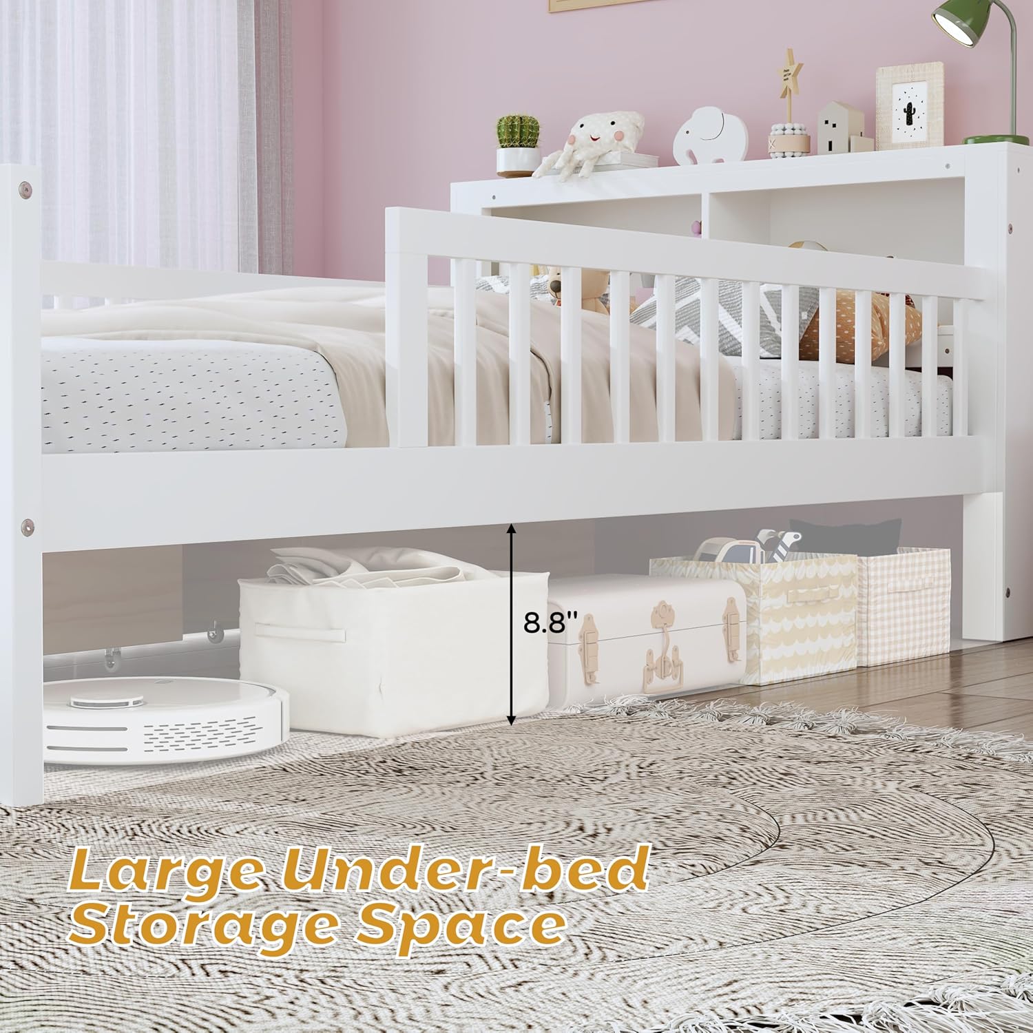 VilroCaz Wood Twin Size Platform Bed with Safety Fence for Kids Boys Girls, Platform Bed Frame with Practical Headboard and 2 Under-Bed Drawers, Sturdy Slats Support (White-3.15)