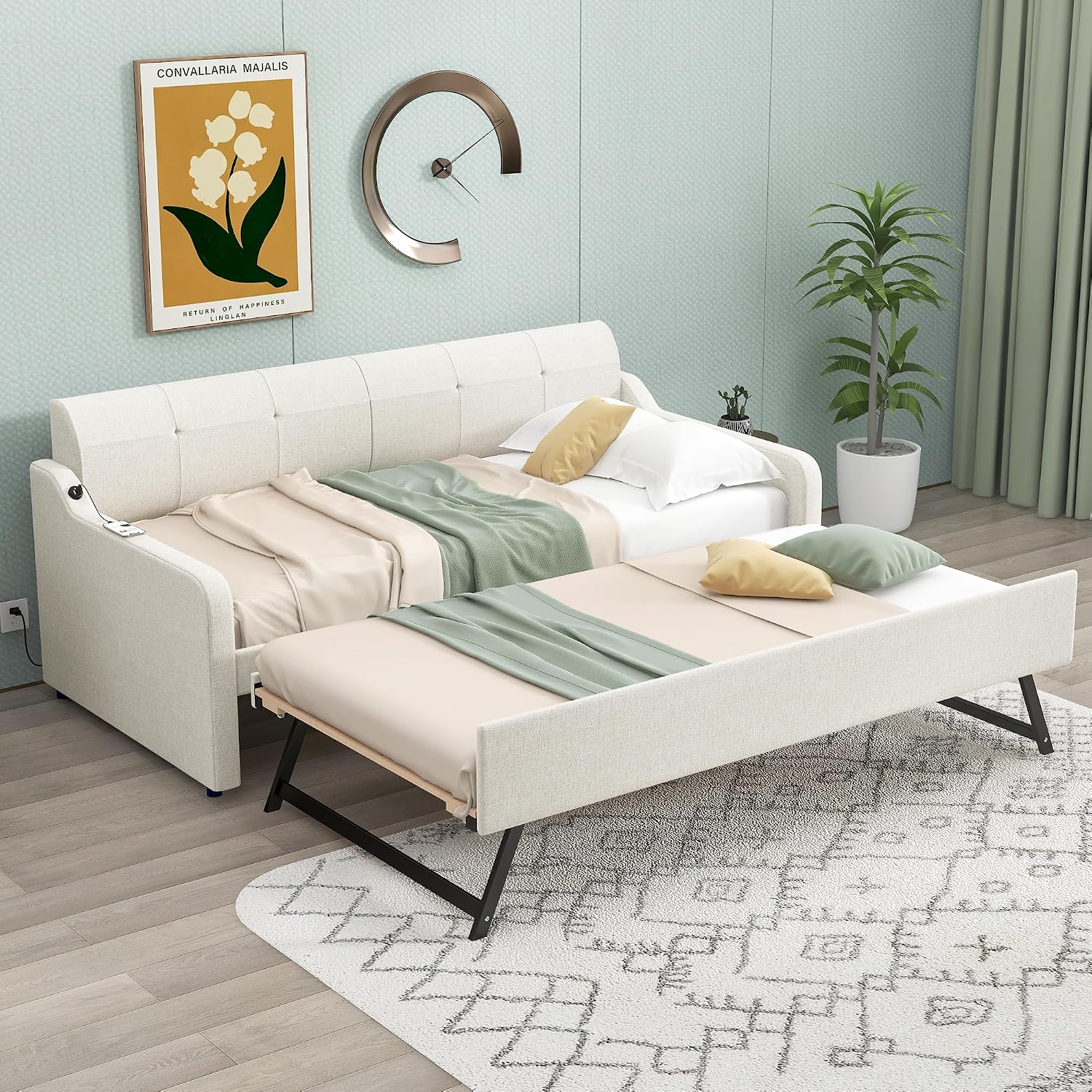 Daybed with Trundle and USB Charging Design, Twin Size Upholstery Day Bed Frame, Trundle can be Flat or erected,Beige