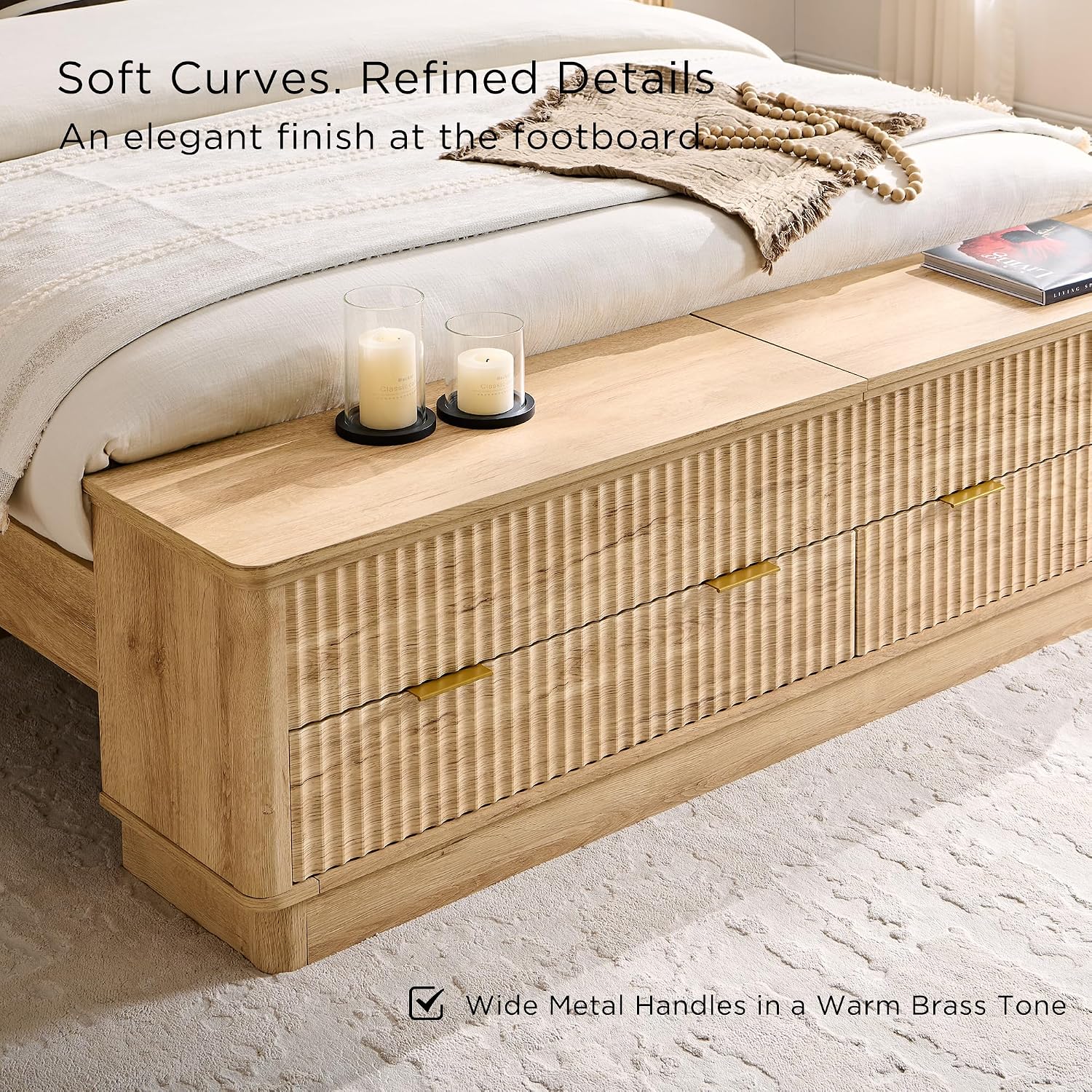 T4TREAM Fluted Queen Size Bed Frame with Wingback Headboard, Footboard Storage Bench with Built-in Drawers & Lift-Up Compartments, Wood & Steel Platform Bed, No Box Spring Needed, Natural Oak