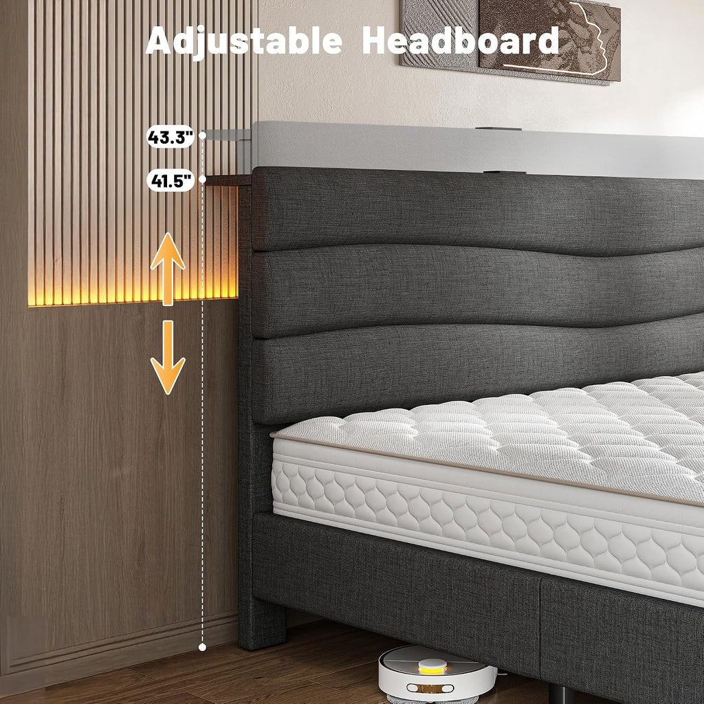 EnHomee Full Size Bed Frame with Adjustable Height Upholstered Headboard, 3 USB Charging Ports, Noise-Free Platform Bed, No Box Spring Needed, Grey