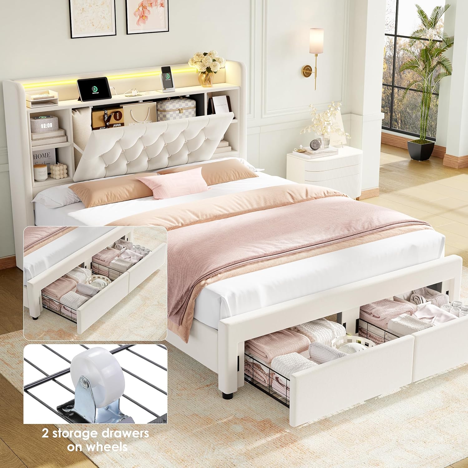 Full Bed Frame with Drawers, Hidden-Cubby & Shelves Storage Headboard with Charging Station and LED Lights, Velvet Upholstered Platform Bed Solid Wooden Slats Support No Box Spring Needed, Beige