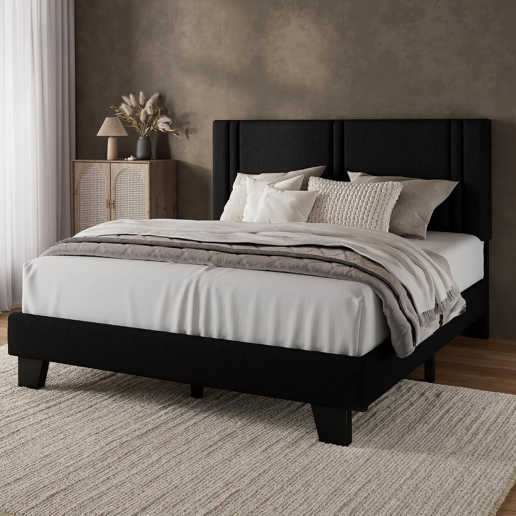 iPormis Queen Platform Bed Frame with Fabric Upholstered Headboard & Thickened Legs, Mattress Foundation with Solid Wooden Slats Support, No Box Spring Needed, Noise Free, Black