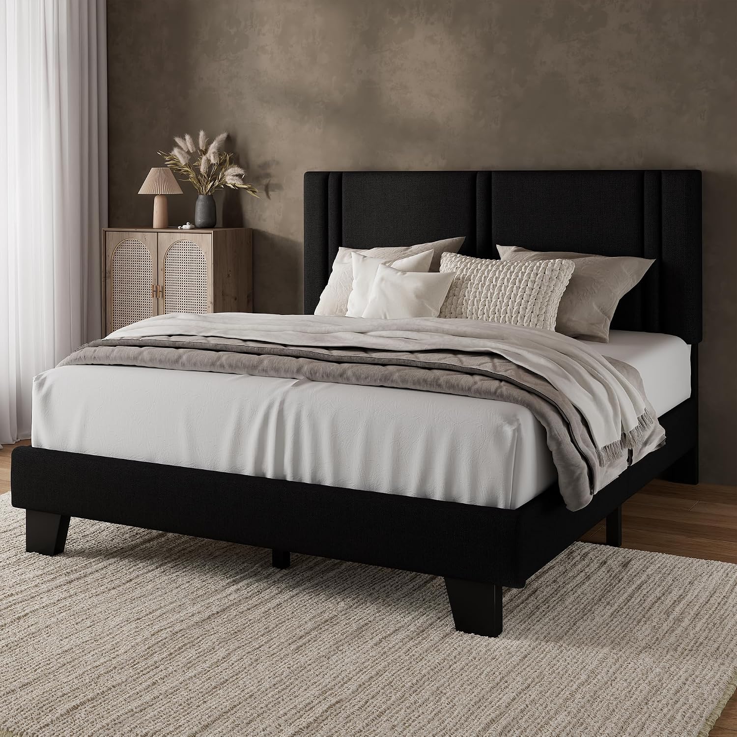 iPormis Queen Platform Bed Frame with Fabric Upholstered Headboard & Thickened Legs, Mattress Foundation with Solid Wooden Slats Support, No Box Spring Needed, Noise Free, Black