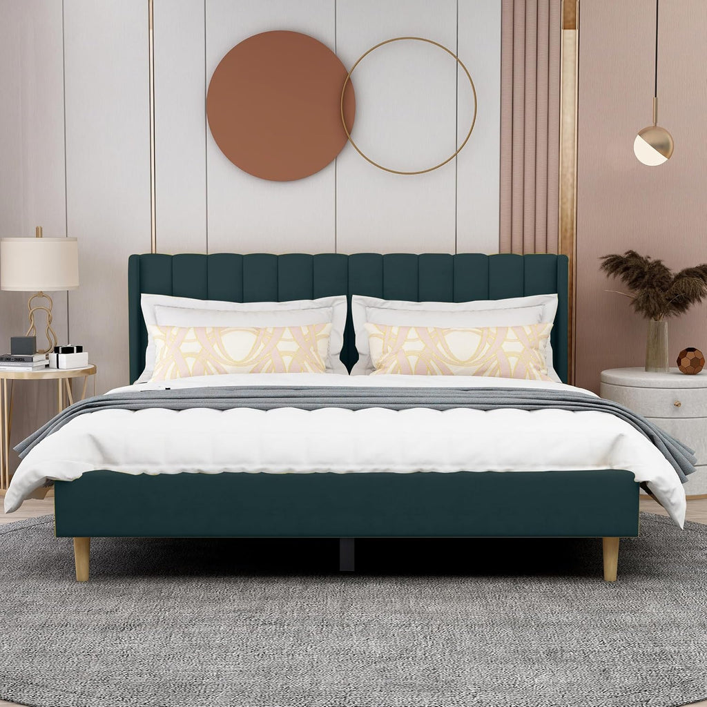 AGARTT Upholstered Platform Bed Frame King Size with Headboard and Footboard/Wooden Slats Support/No Box Spring Needed/Easy Assembly,Green Velvet