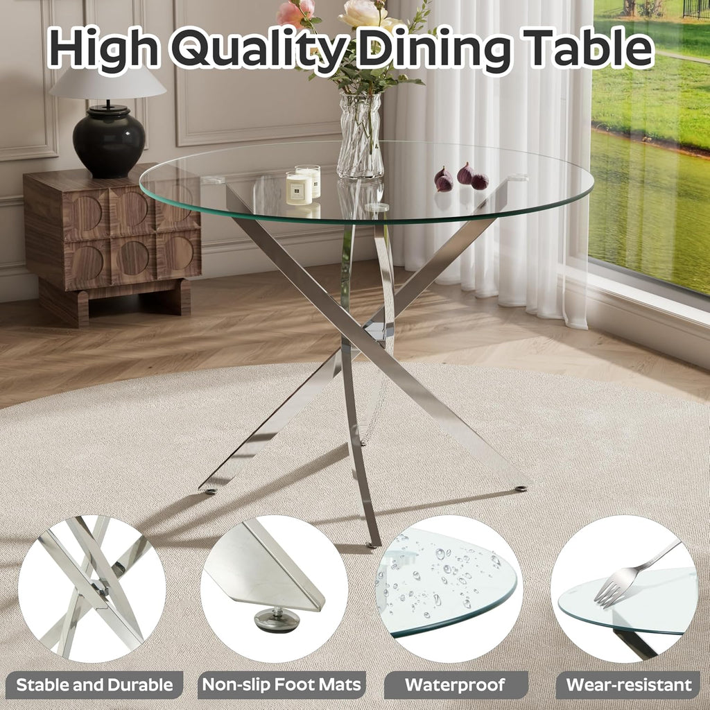 RGZ 3 Pieces Modern Round Kitchen Set, Clear Circle Glass Dining Table with Light Grey PU Faux Leather Chairs Set of 2, 36'' Small Luxury Circular Dinner Room Set, for Breakfast Nook Home (Silver)