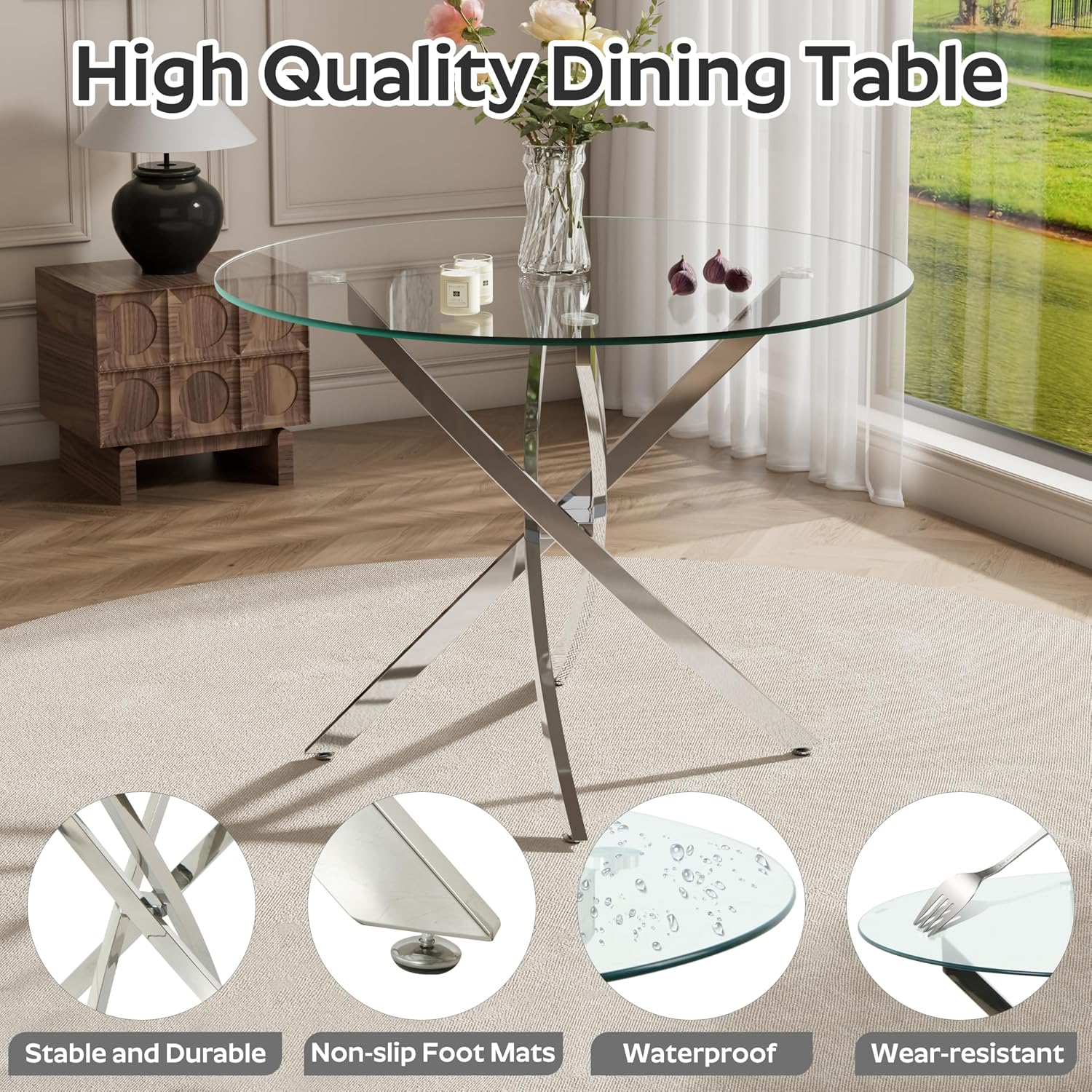 RGZ 3 Pieces Modern Round Kitchen Set, Clear Circle Glass Dining Table with Light Grey PU Faux Leather Chairs Set of 2, 36'' Small Luxury Circular Dinner Room Set, for Breakfast Nook Home (Silver)