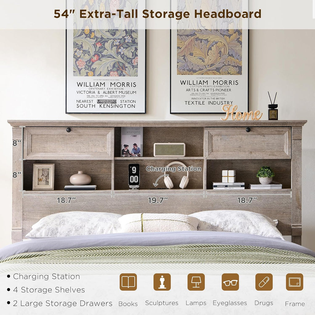 T4TREAM Farmhouse Queen Size Bed Frame with 54' Tall Storage Bookcase Headboard, Wood Platform Bed Frame with 18' Roman Column Decoration Footboard & 2 Drawers, No Box Spring Needed(Light Rustic Oak)