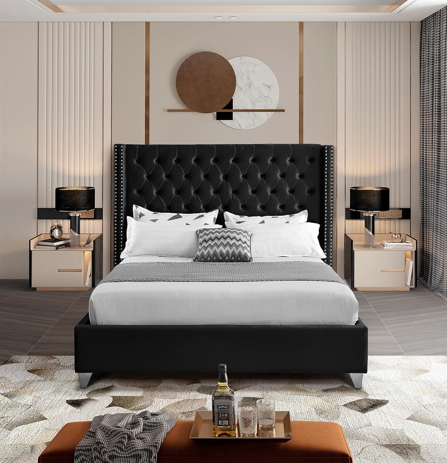 Meridian Furniture Aiden Collection Modern | Contemporary Velvet Upholstered Bed with Deep Button Tufting, Solid Wood Frame, and Custom Chrome Legs, Full, Black