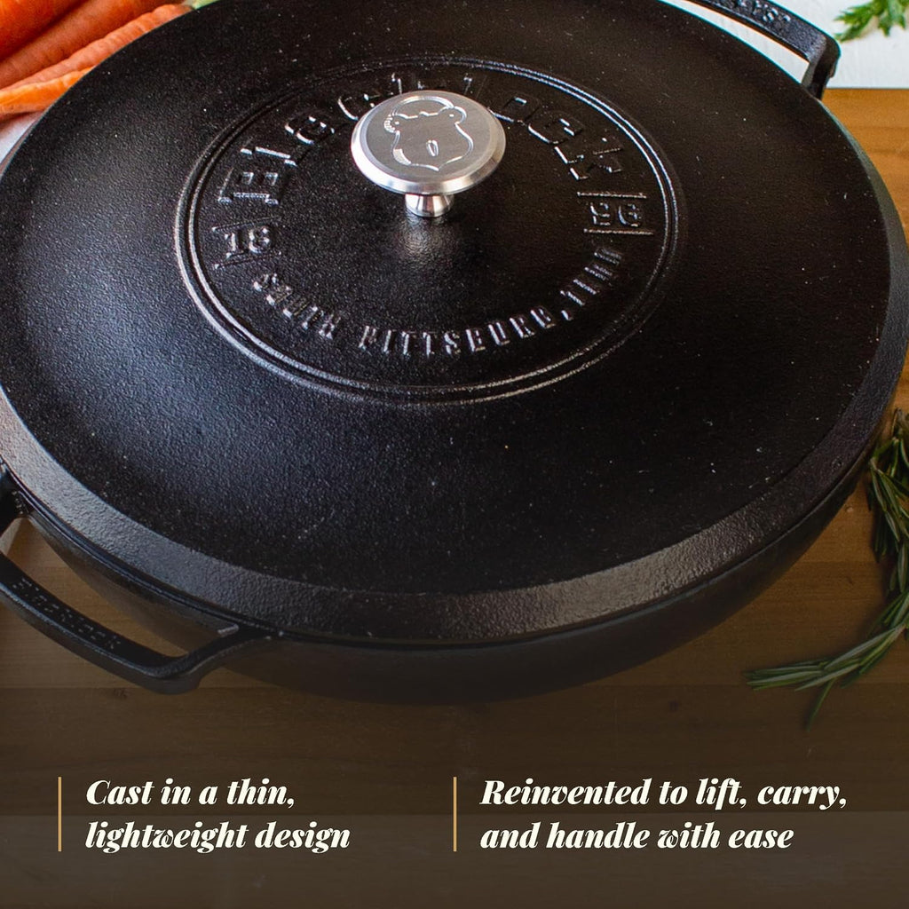 Lodge Blacklock 17 Triple Seasoned Cast Iron Braiser with Lid - Dutch Oven with Nonstick Finish - Lightweight Cast Iron Braiser - Dutch Oven Cookware - Cooking Pot with High-Heat Aluminum Knob