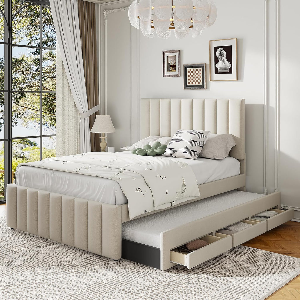Merax Full Size Upholstered Platform Bed with Trundle and 3 Storage Drawers, Full Bed Frame & Tall Stripe Headboard for Bedroom, Solid Wood Slats Support, No Box Spring Needed, Easy Assembly, Beige