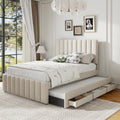 Merax Full Size Upholstered Platform Bed with Trundle and 3 Storage Drawers, Full Bed Frame & Tall Stripe Headboard for Bedroom, Solid Wood Slats Support, No Box Spring Needed, Easy Assembly, Beige