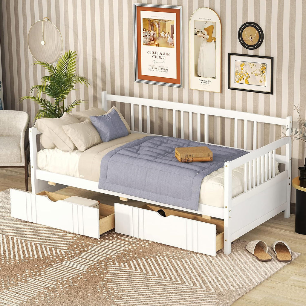 Merax Daybed Twin, Twin Daybed Wooden Slats Support Modern Living Daybed with Rails, No Box Spring Needed (White)