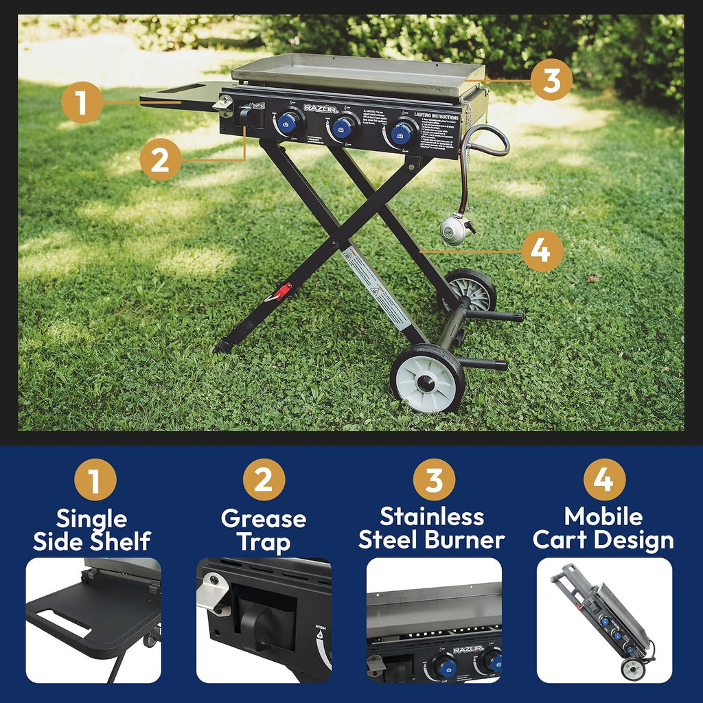 Razor Griddle Gas Griddle and Portable Propane Grill for Backyard BBQ, with Cart, Shelf