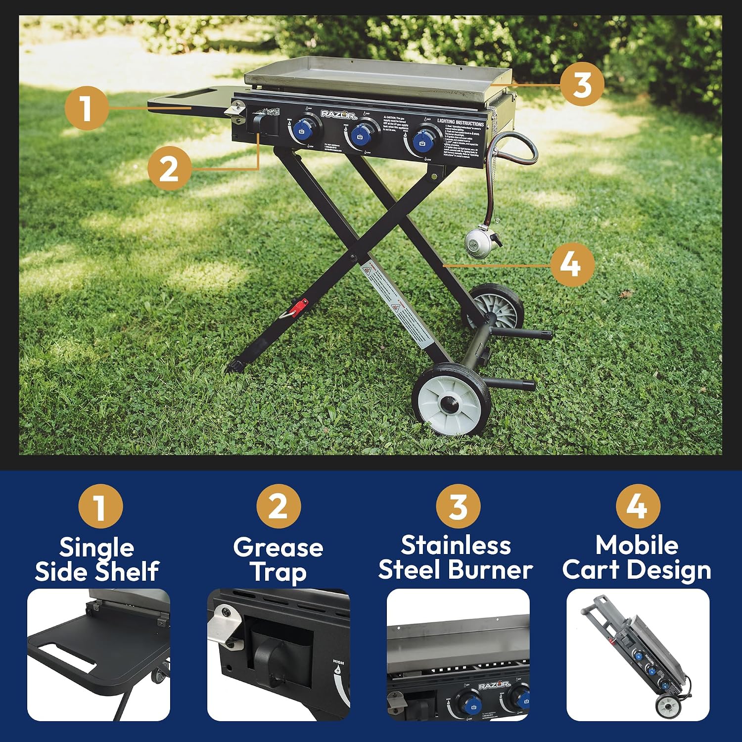 Razor Griddle Gas Griddle and Portable Propane Grill for Backyard BBQ, with Cart, Shelf